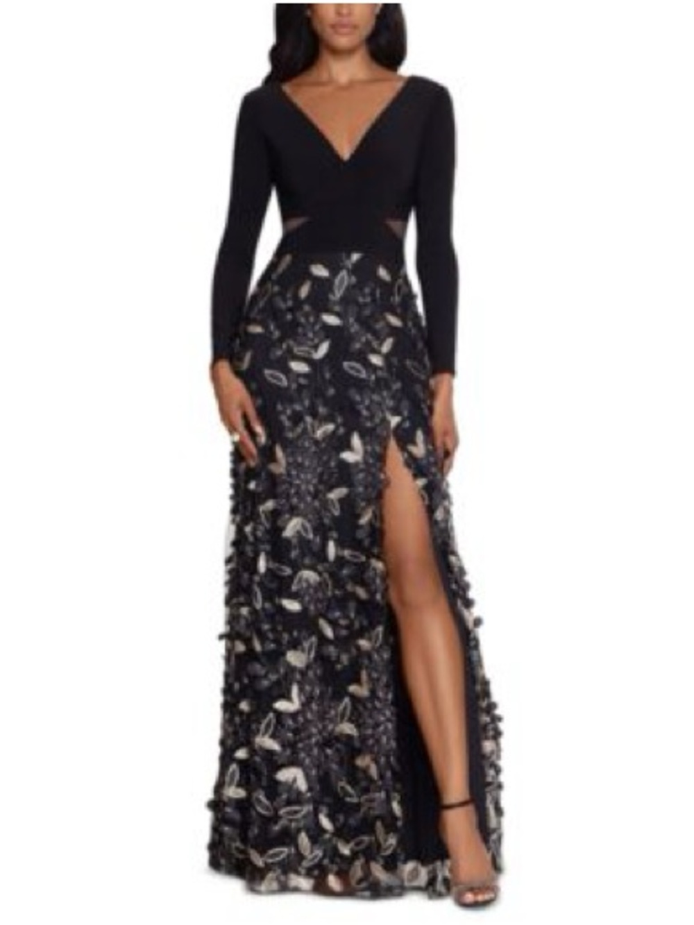 Black Embroidered Long-Sleeve Evening Gown with Thigh Slit
